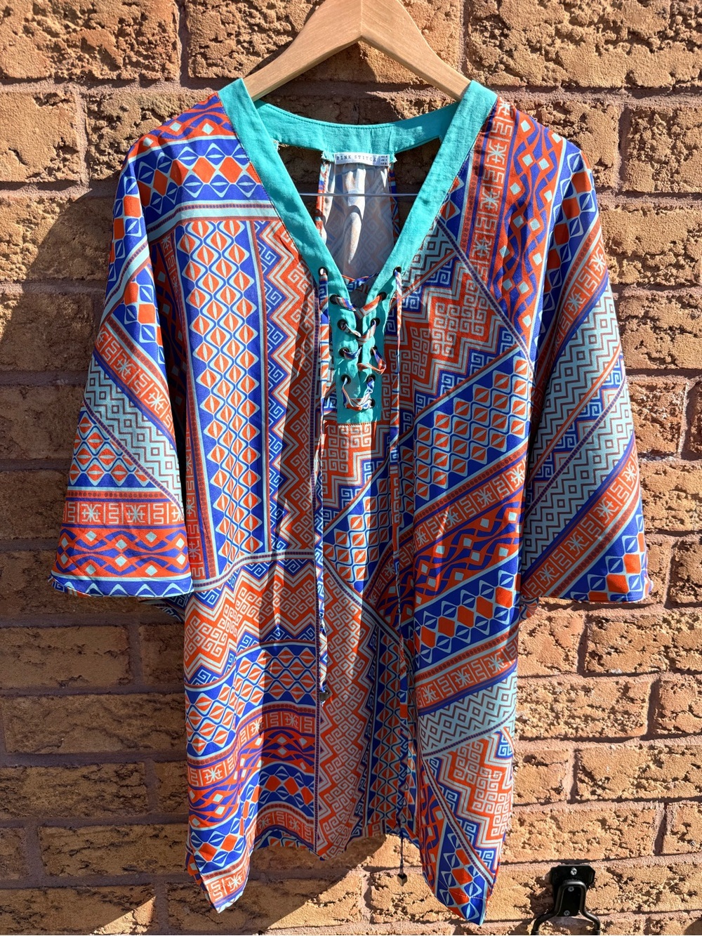 4/$25 • Pink Stitch Bohemian Neck Tie Vintage Printed Top/Cover Up